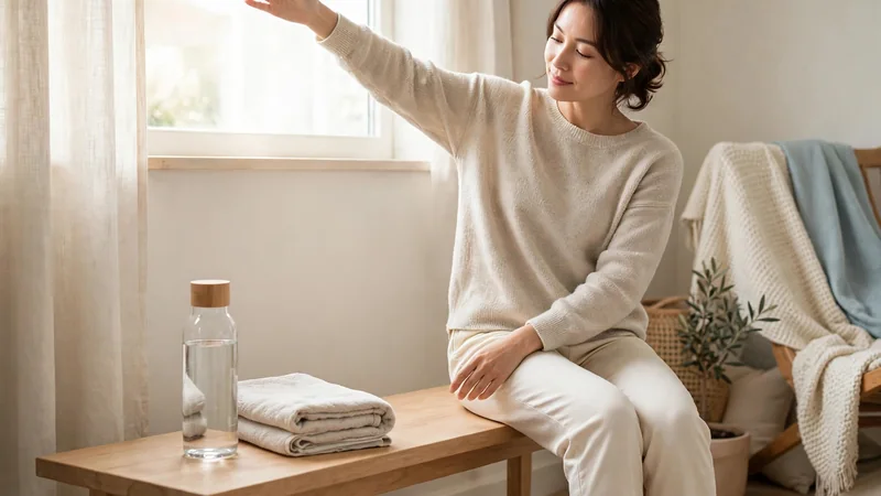 A set of light household objects, a water bottle and a folded towel, arranged on a bench in a bright room.