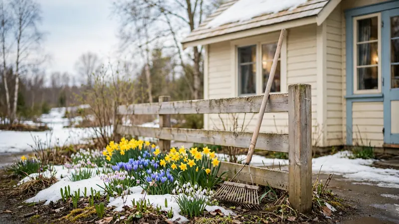 A long-handled garden rake leaning against a wooden fence beside a bright spring flower bed.