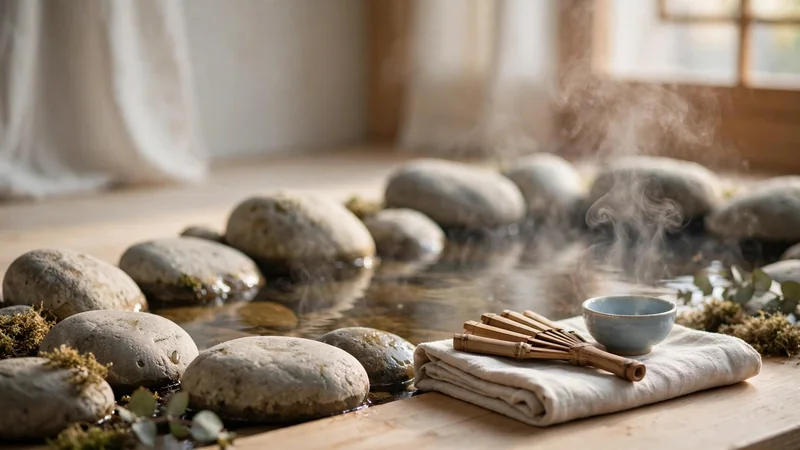 Smooth river stones beside a still pool of warm water with steam rising in the cool air.