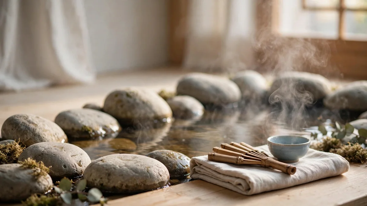 Smooth river stones beside a still pool of warm water with steam rising in the cool air.