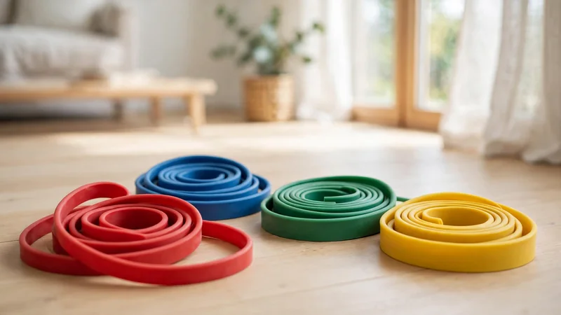 Coiled resistance bands in red, blue, green and yellow lying on a light wooden floor in a bright living room