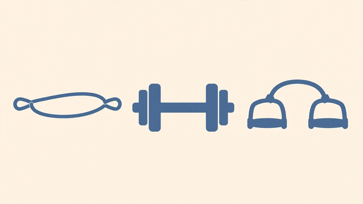 A flat slate-blue illustration on cream showing a stretching elastic band, a dumbbell, and two connected exercise handles side by side.