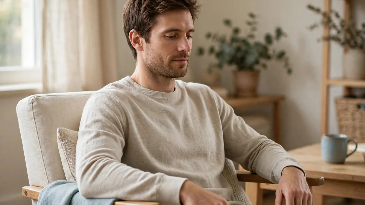 A man in a cream sweater sits calmly in a light armchair with empty hands, a sky-blue throw and mug beside him in a softly lit living room.