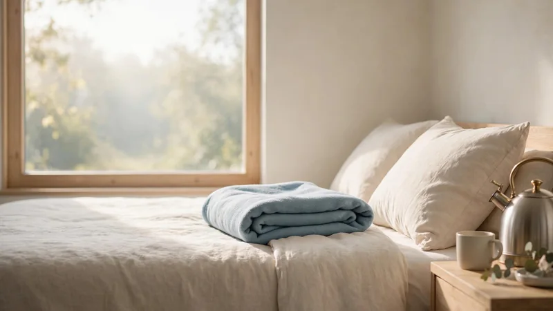 A made bed with soft pillows and a folded blanket beside a window with morning light.