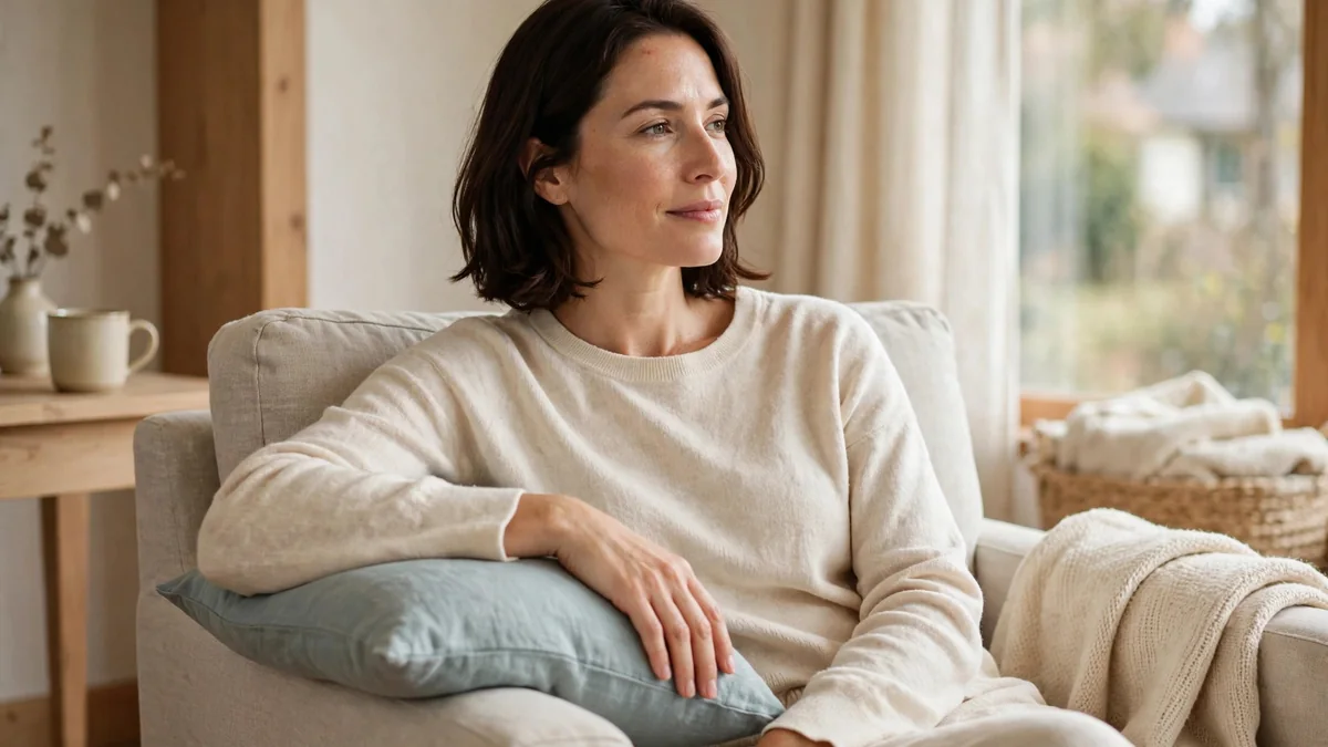 A woman in a cream sweater rests on a light sofa with a pale-blue pillow tucked under her arm, gazing toward a bright window.