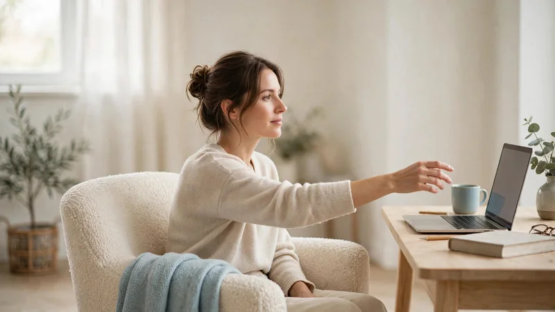 A person sitting upright in an armchair, reaching one arm gently forward in a bright living room