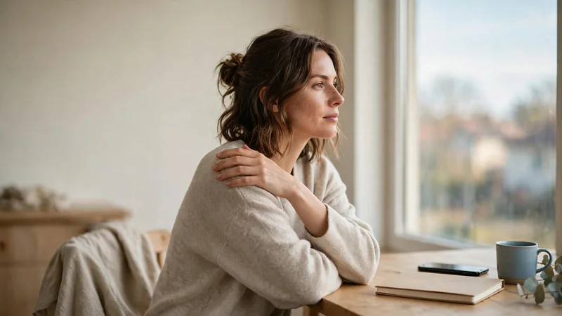 A person sitting by a window with one hand resting gently on the opposite shoulder