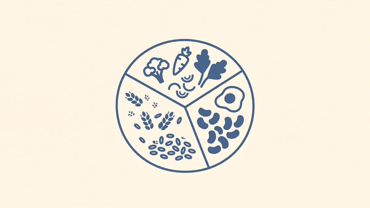 A flat slate-blue illustration on cream of a round plate divided into three sections holding vegetables, protein foods such as an egg and beans, and whole grains.