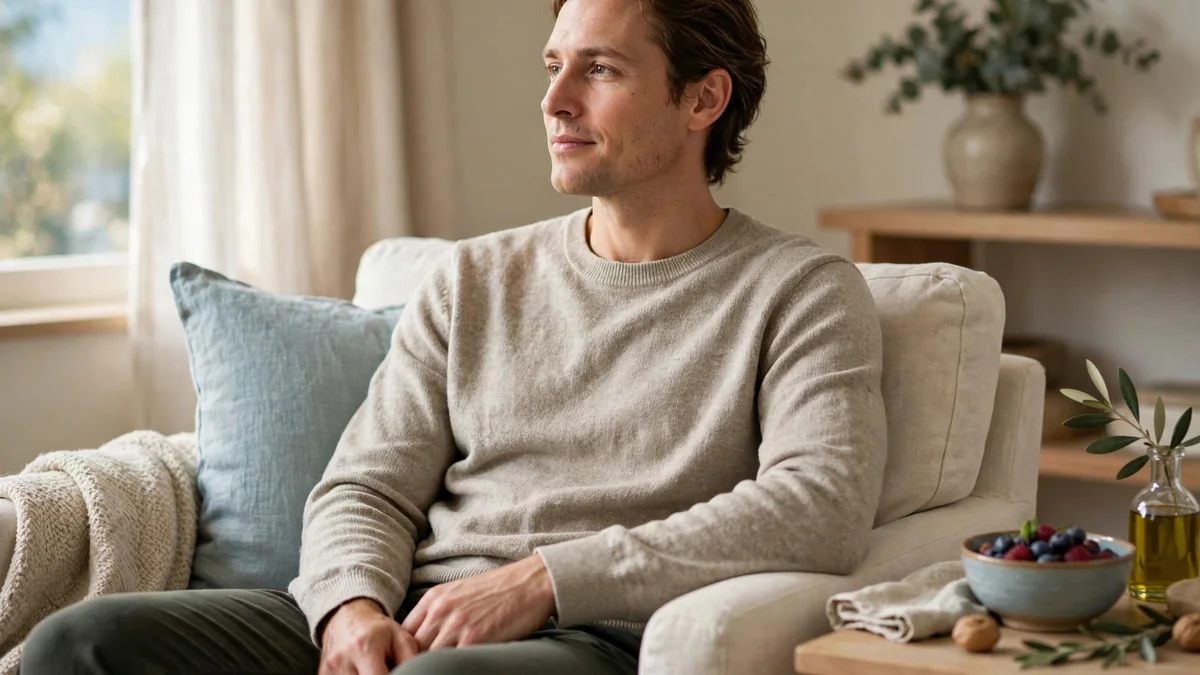 A man in a beige sweater sits relaxed in a cream armchair beside a side table holding a bowl of berries and a bottle of olive oil.