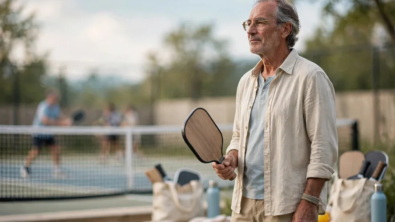 An older adult holding a paddle on an outdoor court, standing relaxed with the net in the background
