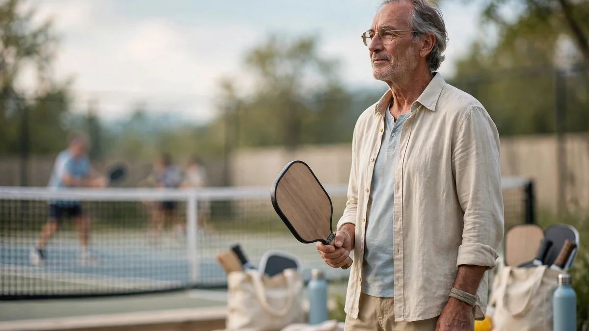 An older adult holding a paddle on an outdoor court, standing relaxed with the net in the background