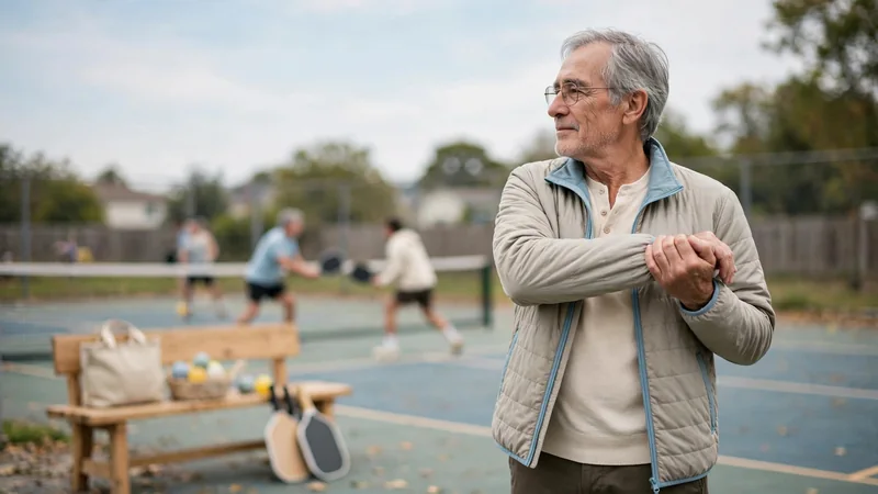 An older adult standing on an outdoor court, stretching one arm gently across the chest before play