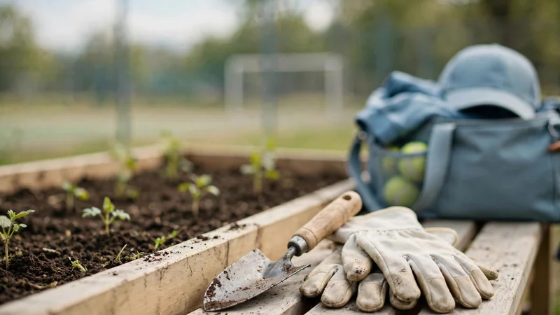 Gardening gloves and a hand trowel resting on a wooden bench beside a raised bed of soil