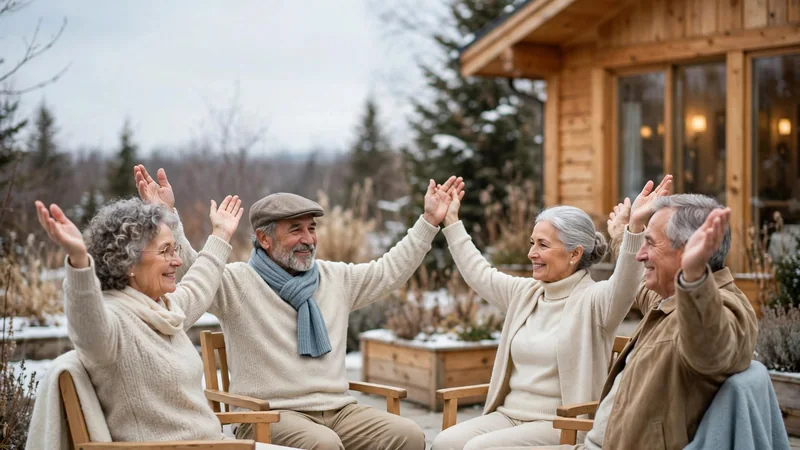 A small group of older adults seated in a circle of chairs outdoors, smiling and lifting their arms gently