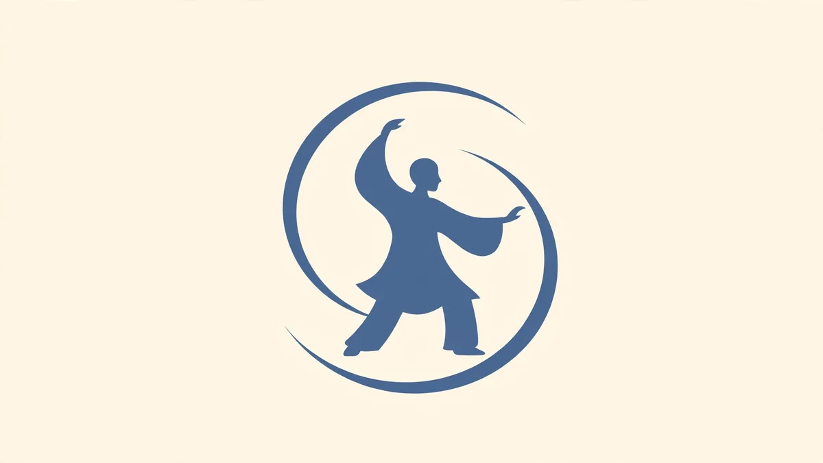A flat slate-blue silhouette on cream of a figure in flowing robes performing a slow tai chi movement inside two sweeping circular arcs.