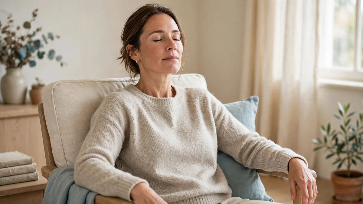 A woman in a knitted cream sweater sits in an armchair with her eyes closed and hands resting empty, a pale-blue cushion behind her.
