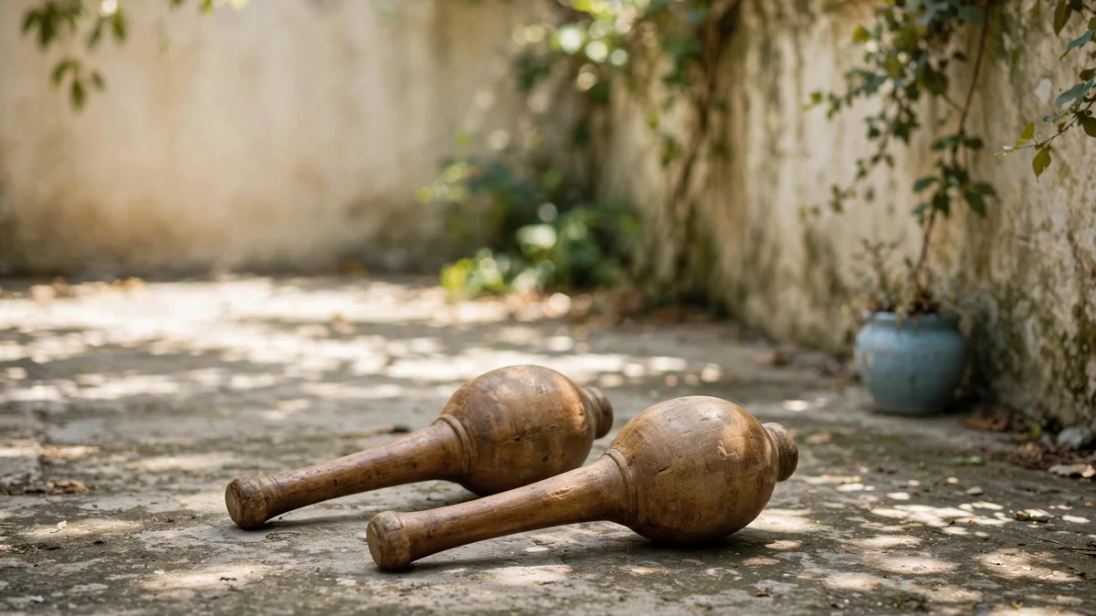 Two wooden clubs with rounded heads resting on a stone courtyard floor beside a shaded garden wall