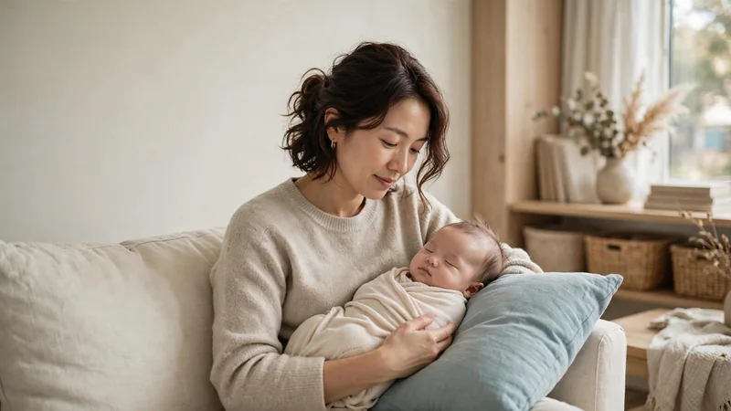 A parent seated on a sofa gently holding a baby on one side, with a cushion supporting the arm, in a quiet home