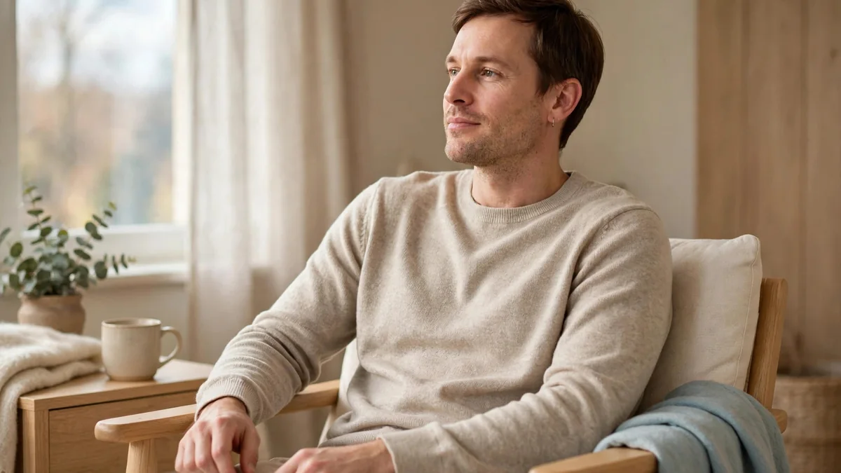 A man in a beige sweater sits in a wooden armchair by a window, empty hands on his lap, a mug and a sky-blue throw nearby.