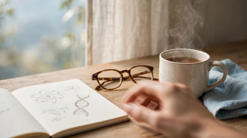 A pair of reading glasses and a notebook on a wooden table beside a window, with a cup of tea