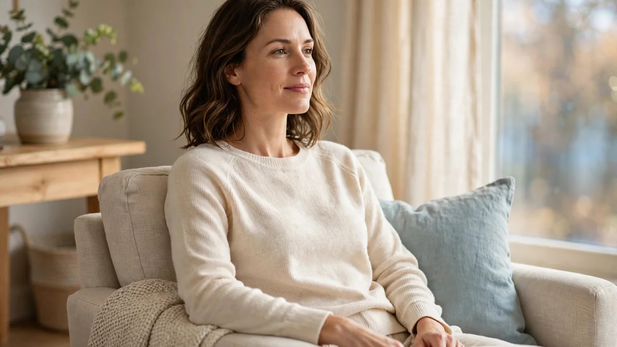 A woman in a cream sweater sits upright in a light armchair with a pale-blue cushion beside her, looking calmly toward the window light.