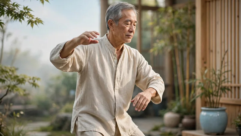 An older adult standing outdoors in soft morning light, arms relaxed and moving in a slow, rounded gesture