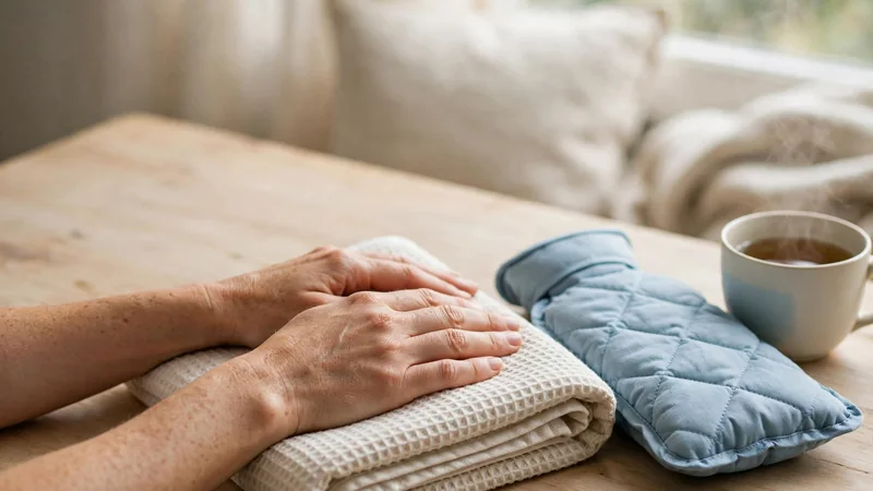 A pair of hands resting on a folded towel on a wooden table, soft natural light.