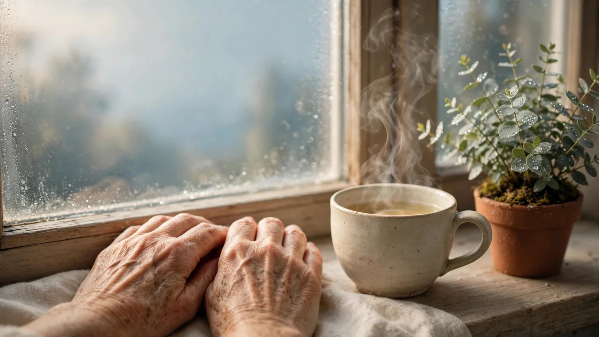 An older adult's hands resting on a windowsill, with a cup of tea and a plant in soft morning light.