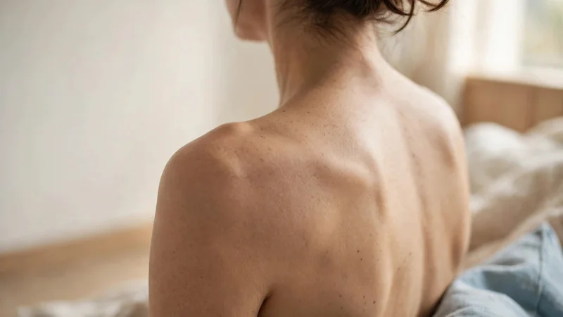 Illustration-style photo of a person's shoulder and upper back in soft natural light, arms relaxed.
