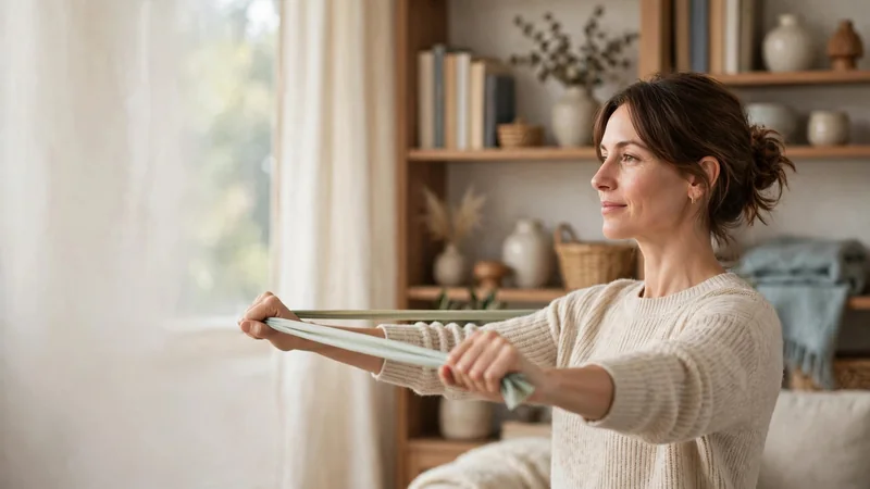 A pair of hands gripping a light resistance band in front of a bookshelf, soft daylight.