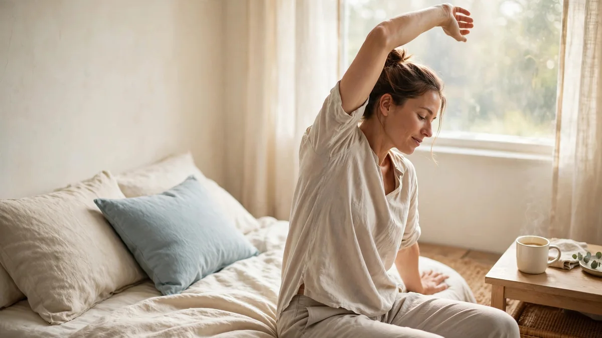 A person sitting on the edge of a bed in morning light, stretching gently with one arm, a mug on the nightstand.