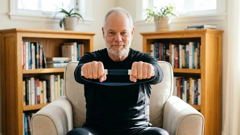 Van, founder of ShoulderBack Pro, seated in a cream armchair holding the trainer at chest height