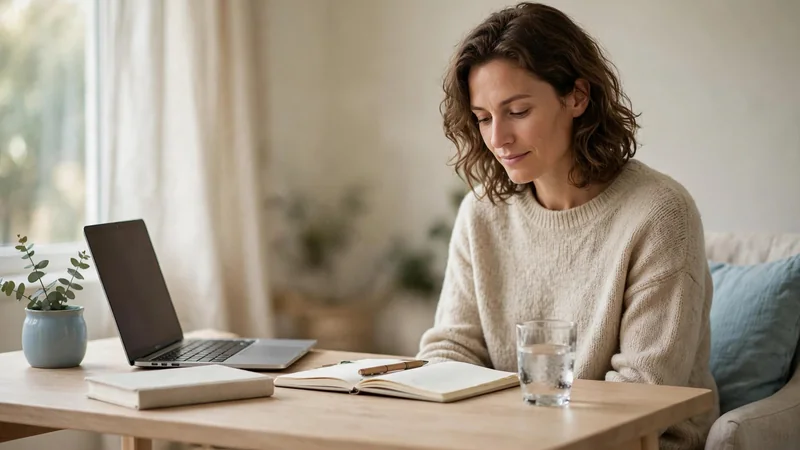 A person sitting upright at a desk with relaxed shoulders, notebook and water glass beside them.