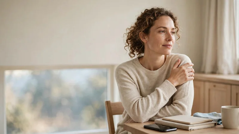 A person sitting by a window with one hand resting on the opposite shoulder, calm expression, soft light.