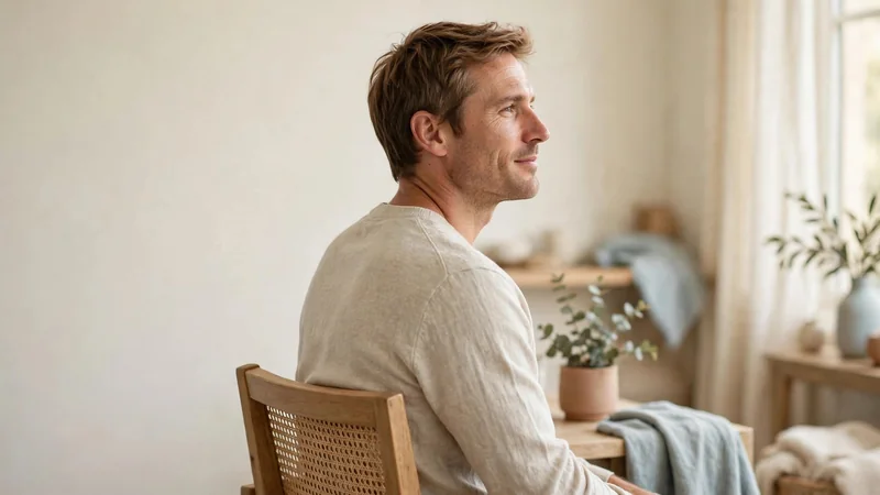A person sitting tall in a firm chair in a bright room, turning gently at the waist with relaxed shoulders