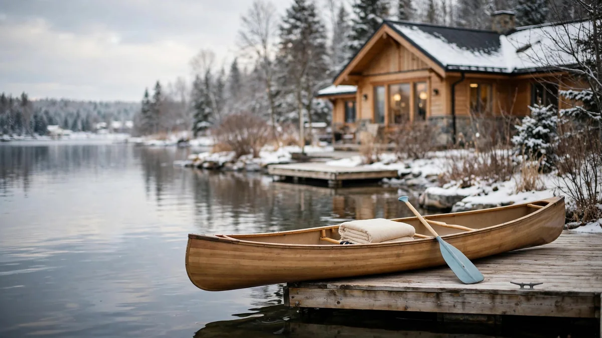 A canoe resting on a calm lake beside a wooden dock with a folded towel and a paddle