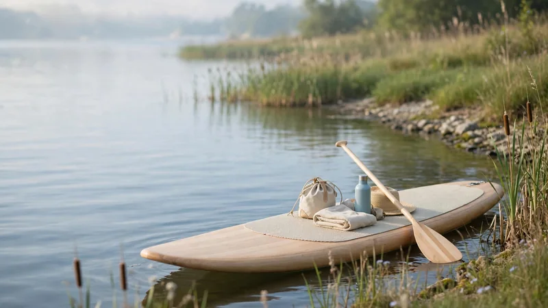 A paddleboard floating on calm water near a grassy shore on a sunny morning, with a paddle leaning on the board
