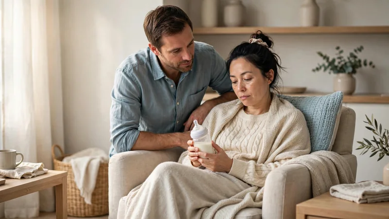 A tired parent in a comfortable armchair with a pillow, holding a bottle, in soft morning light at home