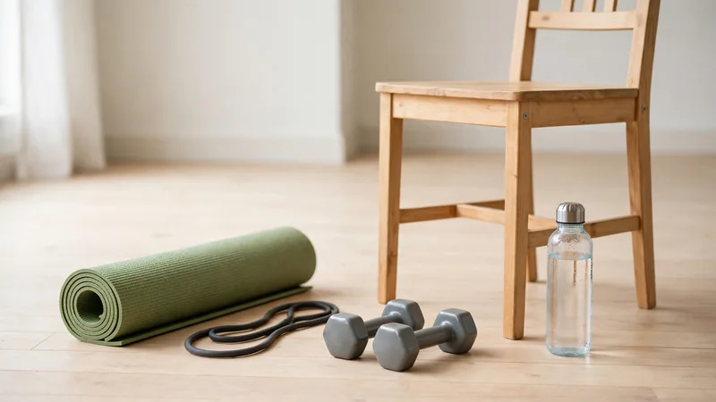 Home exercise basics on a light wooden floor beside a wooden chair: a rolled yoga mat, a resistance band, a pair of small dumbbells and a water bottle