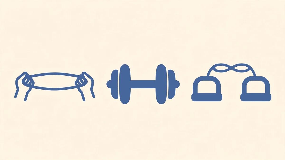 A flat slate-blue illustration on cream showing an elastic band stretched between two hands, a dumbbell, and two connected exercise handles side by side.
