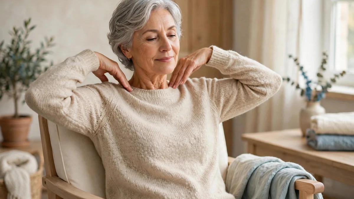 An older woman with grey hair sits in a wooden armchair, gently resting her hands on her own shoulders with her eyes closed.