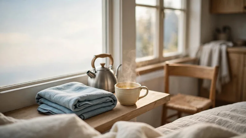 A cup of tea on a kitchen windowsill beside a folded blanket and a chair, in soft morning light