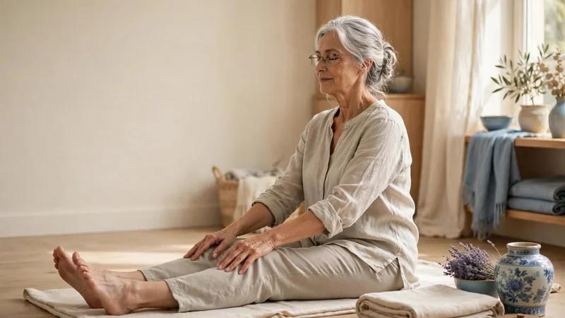 An older adult sitting in a sunlit room doing a gentle seated stretch with arms relaxed, a folded mat nearby