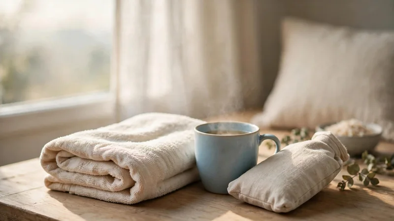 A folded warm towel beside a mug of tea on a wooden table near a sunny window