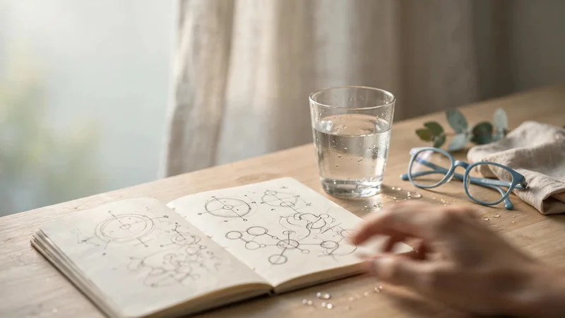 A quiet kitchen counter with a glass of water, a notebook and a pair of reading glasses in soft morning light