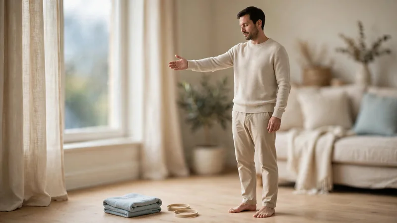 A pair of simple elastic bands and a folded towel on a light wooden floor beside a window