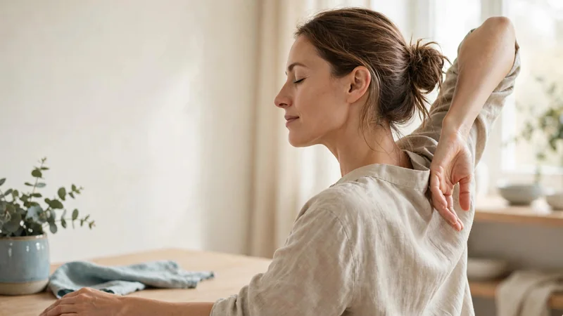 A person's relaxed seated posture from the side with one arm resting on a table, in soft natural light