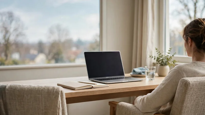 A tidy desk with a laptop, a notebook and a water glass beside a window, with a chair pushed back