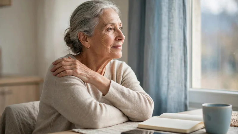 An older adult sitting by a window with one hand resting on the opposite shoulder, relaxed posture