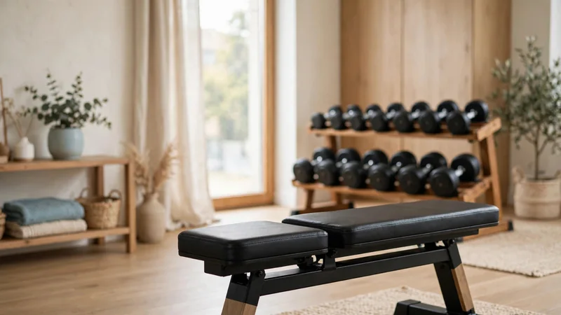 An empty weight bench in a bright gym with a rack of dumbbells in the background